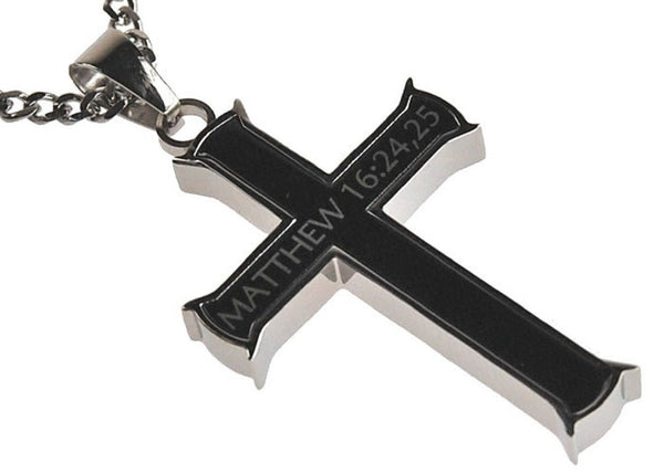 Matthew 16:24,25 Black Cross Necklace TAKE UP YOUR CROSS Bible Verse, Stainless Steel Thick Chain