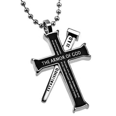 EPHESIANS 6:10-18 Black Cross and Nail Necklace with Bible Verse, Stainless Steel