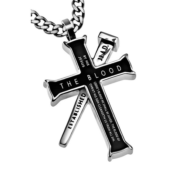 ROMANS 5:9; 1 JOHN 1:7 Black Cross and Nail Necklace with Bible Verse, Stainless Steel Curb Chain