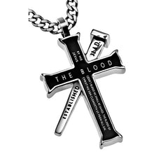 ROMANS 5:9; 1 JOHN 1:7 Black Cross and Nail Necklace with Bible Verse, Stainless Steel Curb Chain