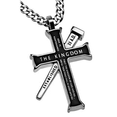 MATTHEW 6:33 Black Cross and Nail Necklace with Bible Verse, Stainless Steel Curb Chain