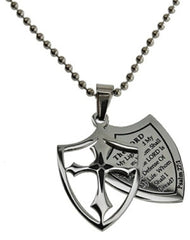 The Lord Is My Light Necklace Two Piece Cross Shield with Bible Verse, Stainless Steel Ball Chain