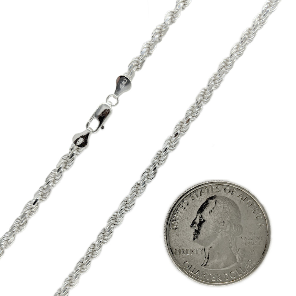 Sterling Silver Rope Chain Necklace For Men, 18 to 30 inches, 3 mm wide