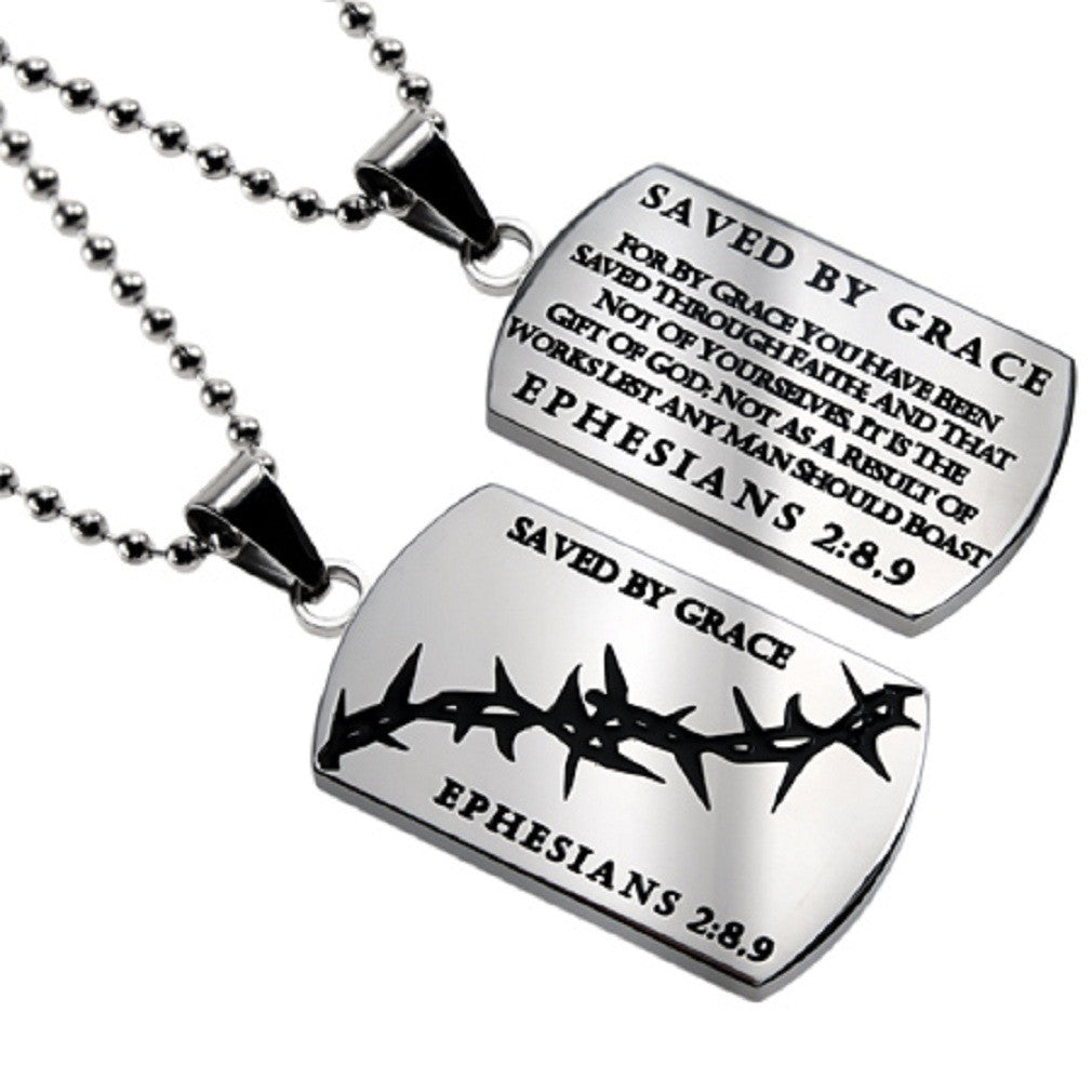 Christian Dog Tag Ephesians 2:8,9, SAVED BY GRACE, Crown of Thorns, Stainless Steel Bead Chain