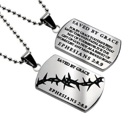 Christian Dog Tag Ephesians 2:8,9, SAVED BY GRACE, Crown of Thorns, Stainless Steel Bead Chain
