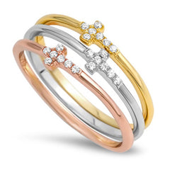 Three Tone Sterling Silver Sideways Cross Ring, Rose Gold & Gold Plated