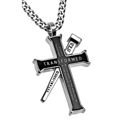 ROMANS 12:2 Black Cross and Nail Necklace with Bible Verse, Stainless Steel Curb Chain