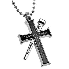 ROMANS 12:2 Black Cross and Nail Necklace with Bible Verse, Stainless Steel