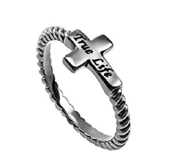 True Life Ring with JESUS Text, Sideways Cross Style