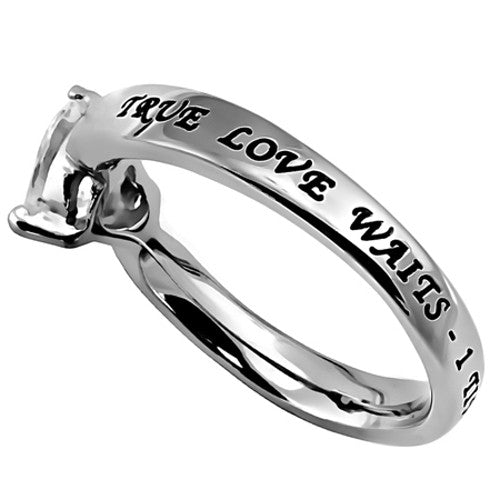 True Love Waits Purity Heart Ring, 1 Timothy 4:12 Bible Verse, Stainless Steel