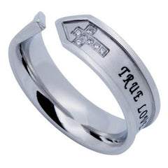 TRUE LOVE WAITS Open End Ring, Double Cross Stainless Steel with CZ