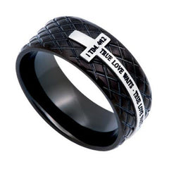 TRUE LOVE WAITS 1 Timothy 4:12, Black Steel Diamond Back Cross Ring