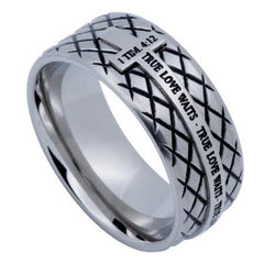 1 Timothy 4:12 TRUE LOVE WAITS Steel Diamond Back Cross Ring
