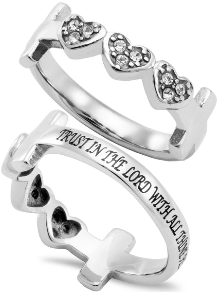 TRUST IN THE LORD Cross and Heart Ring with Stones, Stainless Steel