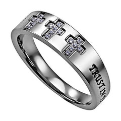 TRUST Proverbs 3:5 Christian Trinity Cross Ring, Engraved Bible Verse with CZ Stones