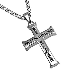 Proverbs 3:5,6 Necklace, Cross Pendant TRUST Bible Verse, Stainless Steel with Curb Chain