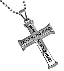 Proverbs 3:5,6 Necklace, Cross Pendant TRUST Bible Verse, Stainless Steel with Bead Chain