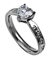 Solitaire Heart TRUST Ring, Christian Bible Verse, Stainless Steel