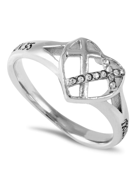 TRUST IN THE LORD Heart Ring for Women with CZ Crosses, Stainless Steel