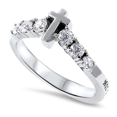 Vertical Cross Ring, HIS BANNER OVER ME IS LOVE, Stainless Steel with 6 Stones