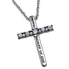 WOMAN OF GOD Cross Necklace with Bible Verse, Steel & CZ Stones
