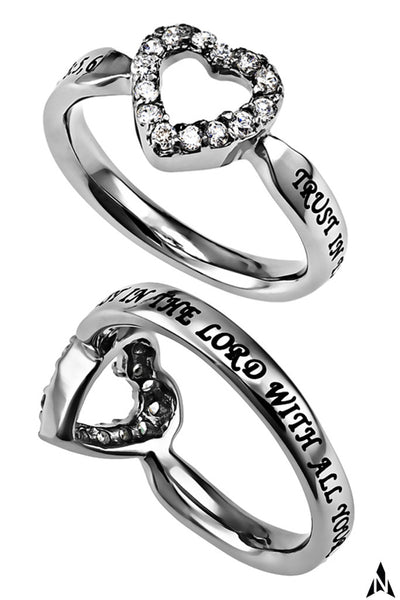 Proverbs 3:5 Ring Bible Verse TRUST, Stainless Steel Clear CZ Heart