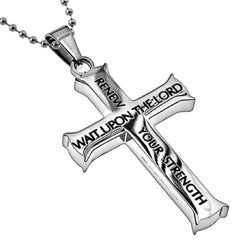 Isaiah 40:31 Necklace, Cross Pendant WAIT UPON THE LORD Bible Verse, Stainless Steel with Bead Chain