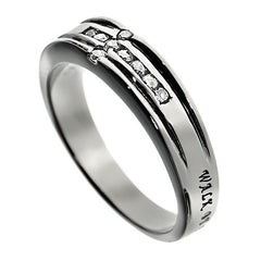 WALK BY FAITH Promise Ring, Bible Verse with CZ Cross, Stainless Steel