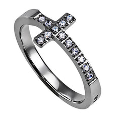 WALK BY FAITH Ring Bible Verse, Sideways Cross Stainless Steel with Clear CZ Stones