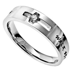 Cut Out Cross Ring, WALK BY FAITH Bible Verse, Stainless Steel with Floating CZ Stone