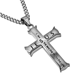 John 14:6 Necklace, Cross Pendant WAY, TRUTH, LIFE Bible Verse, Stainless Steel with Curb Chain