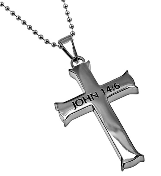 John 14:6 Necklace, Cross Pendant WAY, TRUTH, LIFE Bible Verse, Stainless Steel with Bead Chain