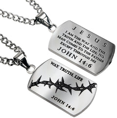 Christian Dog Tag John 14:6, WAY, TRUTH, LIFE, Crown of Thorns, Stainless Steel Curb Chain