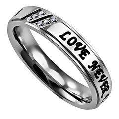 LOVE NEVER FAILS Religious Scripture Ring, Stainless Steel CZ