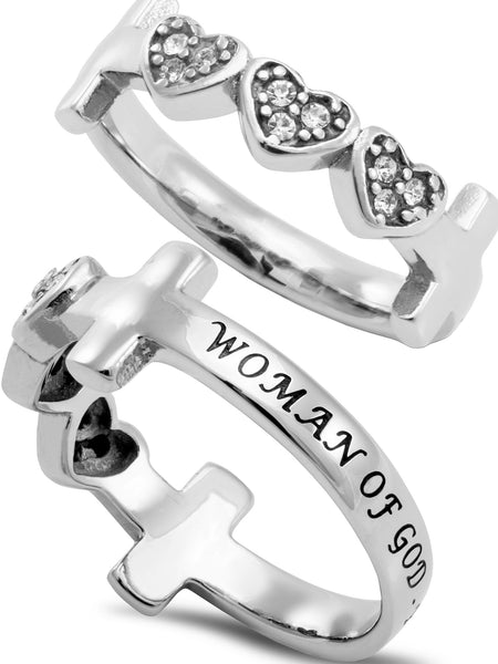 WOMAN OF GOD Cross and Heart Ring with Stones, Stainless Steel