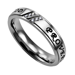 WOMAN OF GOD Religious Scripture Ring, Stainless Steel CZ