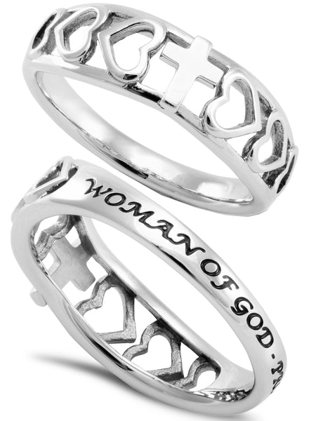 Woman Of God Ring with Heart Cutout and Cross, Stainless Steel
