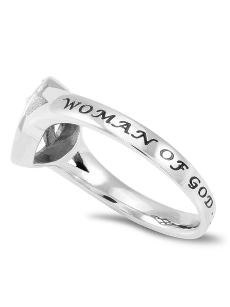 WOMAN OF GOD Heart Ring for Women with CZ Crosses, Stainless Steel