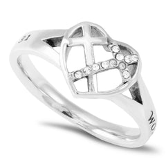 WOMAN OF GOD Heart Ring for Women with CZ Crosses, Stainless Steel
