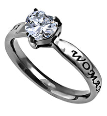 Solitaire Heart WOMAN OF GOD Ring, Christian Bible Verse, Stainless Steel