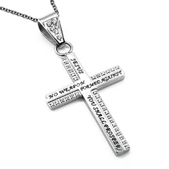 Women's Alternating CZ Cross Pendant, Isaiah 54:17 Verse, Stainless Steel Chain