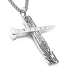 Wood and Cross Nail Necklace Bible Verse Proverbs 3:5 TRUST Jewelry, Stainless Steel Curb Chain