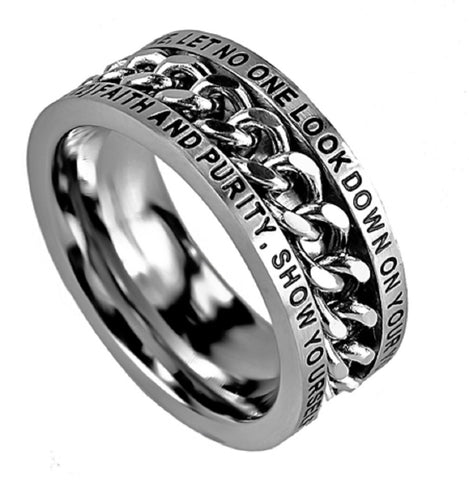 Christian Men Ring 1 Timothy 4:12 Bible Verse, Stainless Steel Spinner Chain