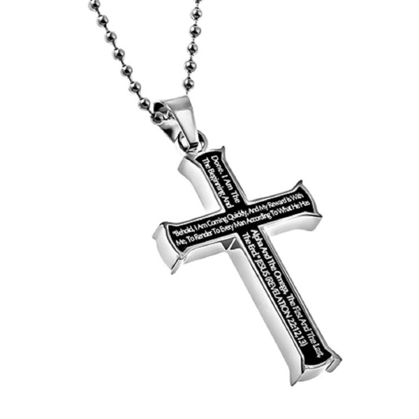 Revelation 22:12,13 Black Cross Necklace ALPHA OMEGA Bible Verse, Stainless Steel Bead Chain