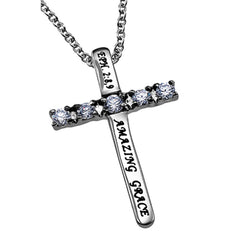 AMAZING GRACE Cross Necklace with Bible Verse, Steel & CZ Stones