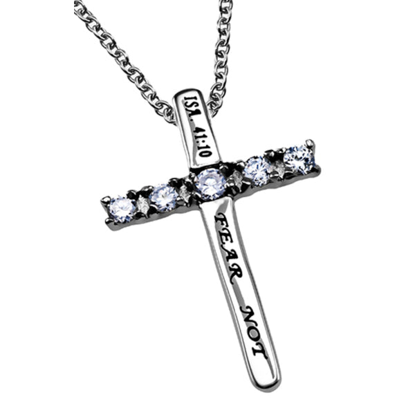 FEAR NOT Cross Necklace with Bible Verse, Steel & CZ Stones