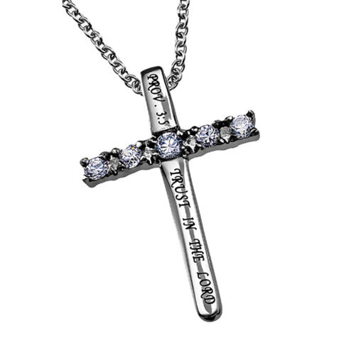 TRUST IN THE LORD Cross Necklace with Bible Verse, Steel & CZ Stones